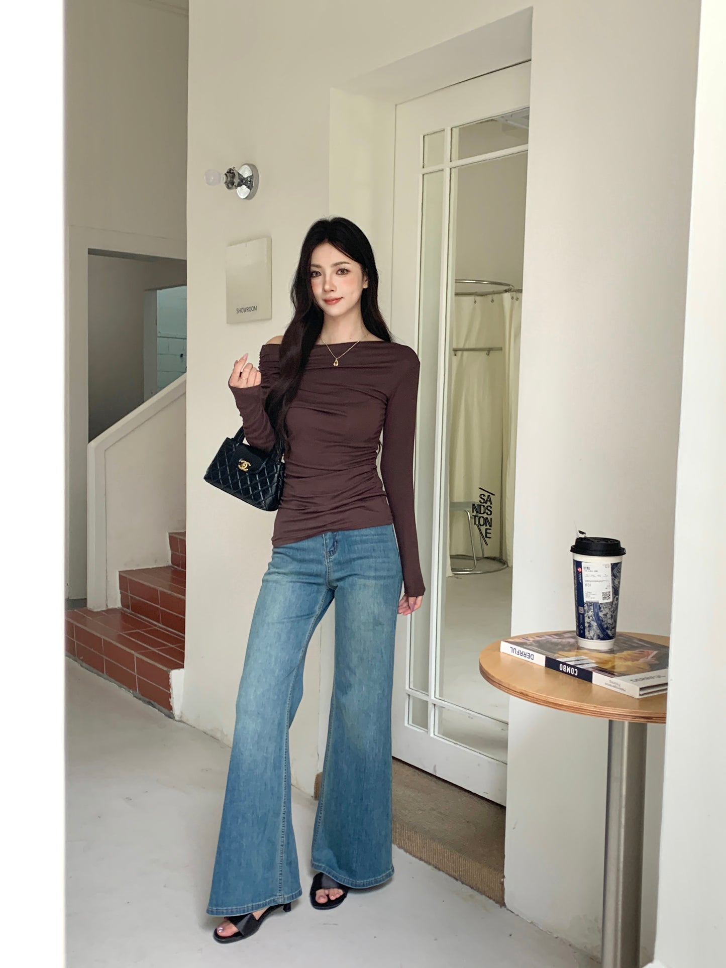 TIERNA OFF-SHOULDER RUCHED LONG SLEEVE TOP (BROWN)