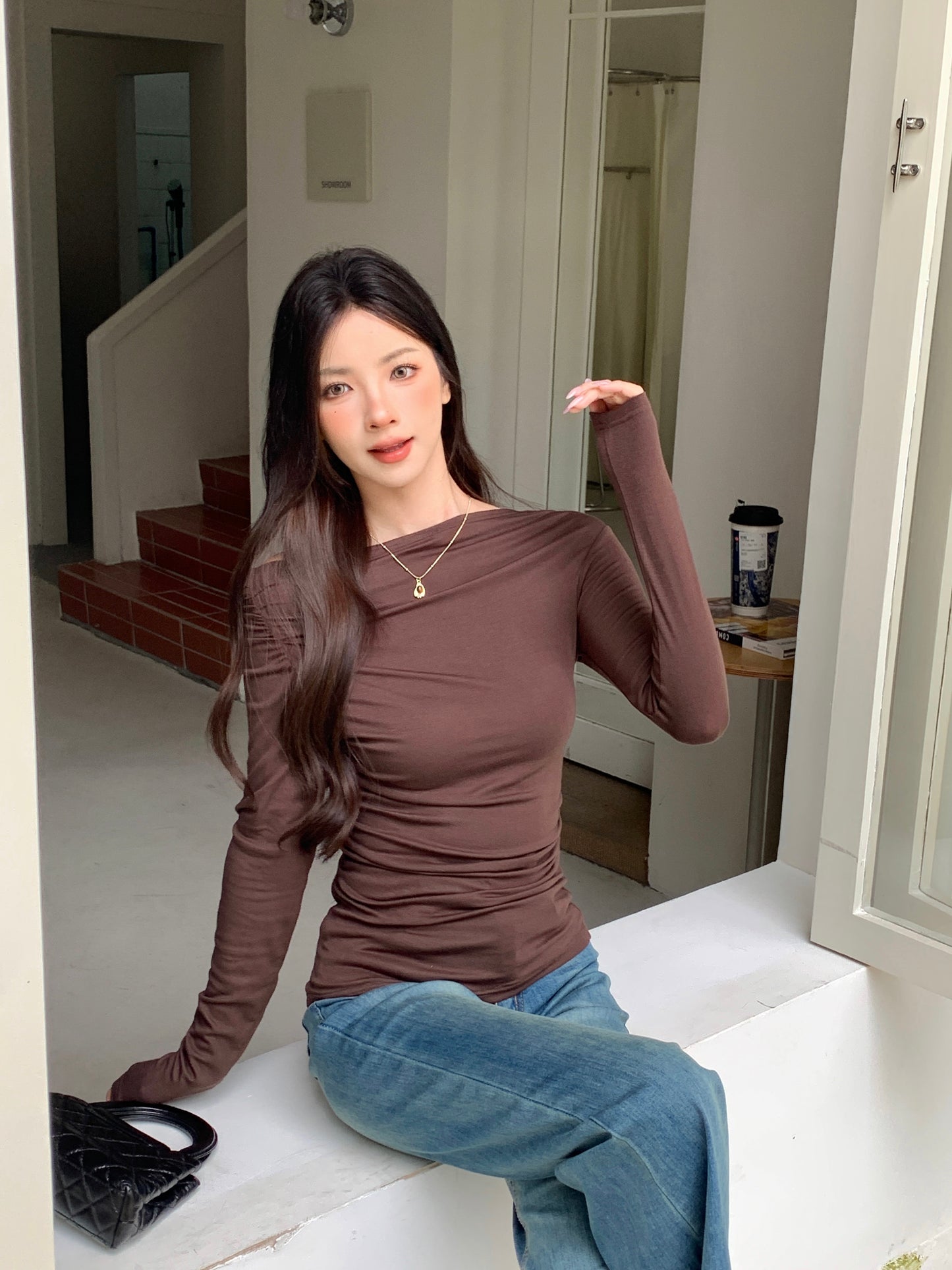 TIERNA OFF-SHOULDER RUCHED LONG SLEEVE TOP (BROWN)