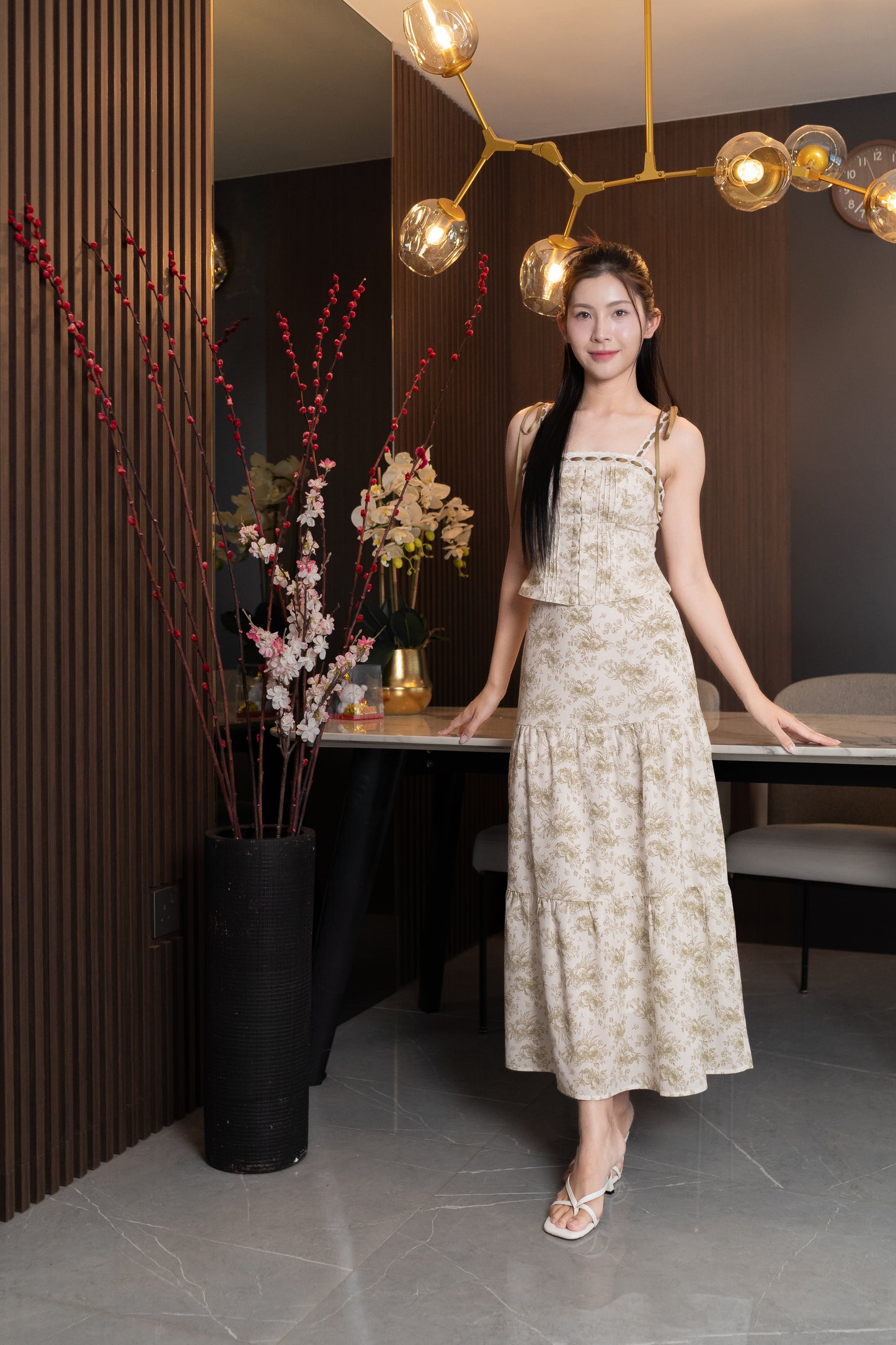 ESTELLA FLORAL RIBBON LACE TRIM TIERED MAXI SKIRT (LIGHT OLIVE)