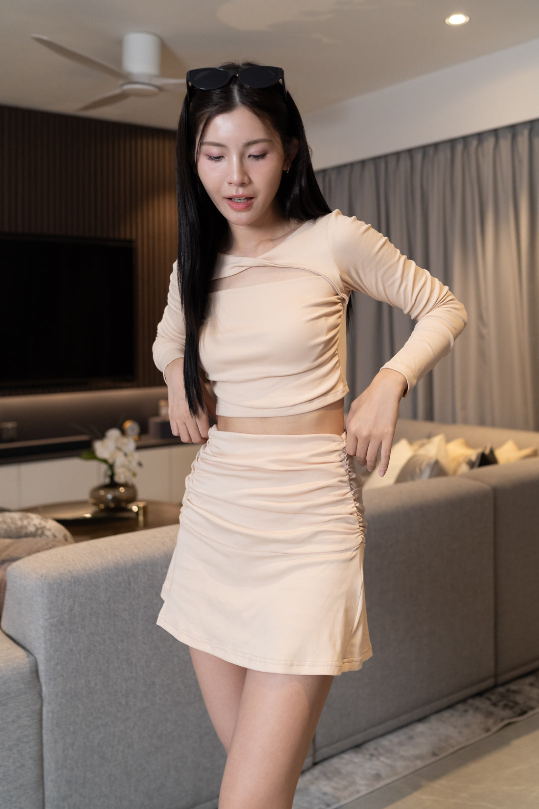 DELIA TWIST FRONT CUT-OUT LONG SLEEVE TOP (LIGHT NUDE)