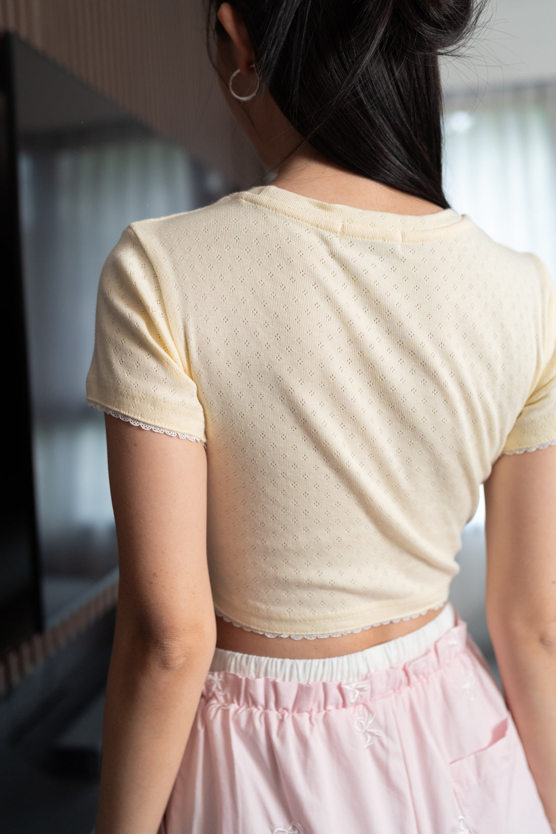 COZY RIBBON LACE TRIM POINTELLE KNIT BABY TEE (PALE YELLOW)