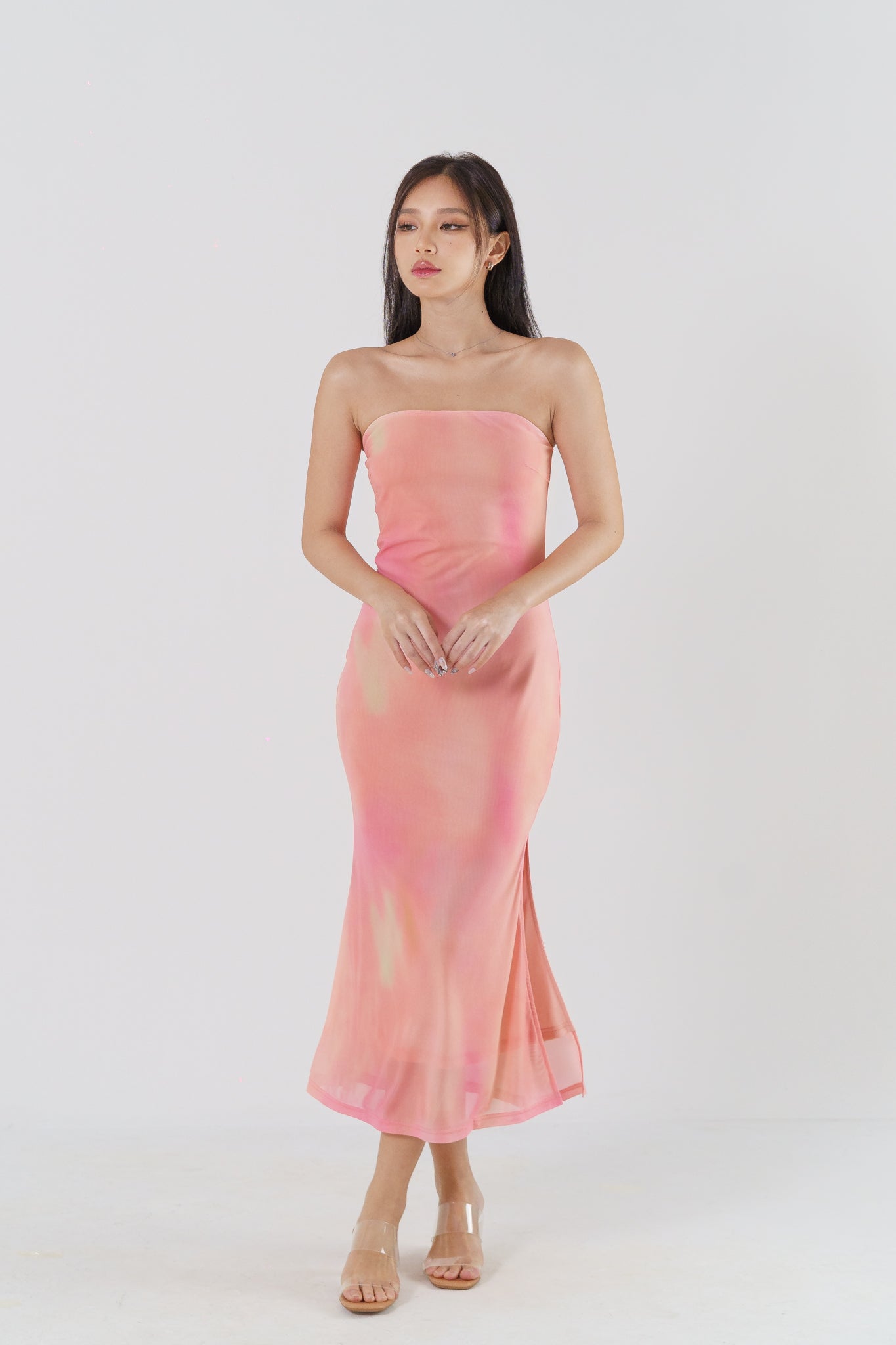 CALEIDA TIE-DYE MESH STRAPLESS MAXI DRESS(SUNKISSED PINK) – VOSTELO