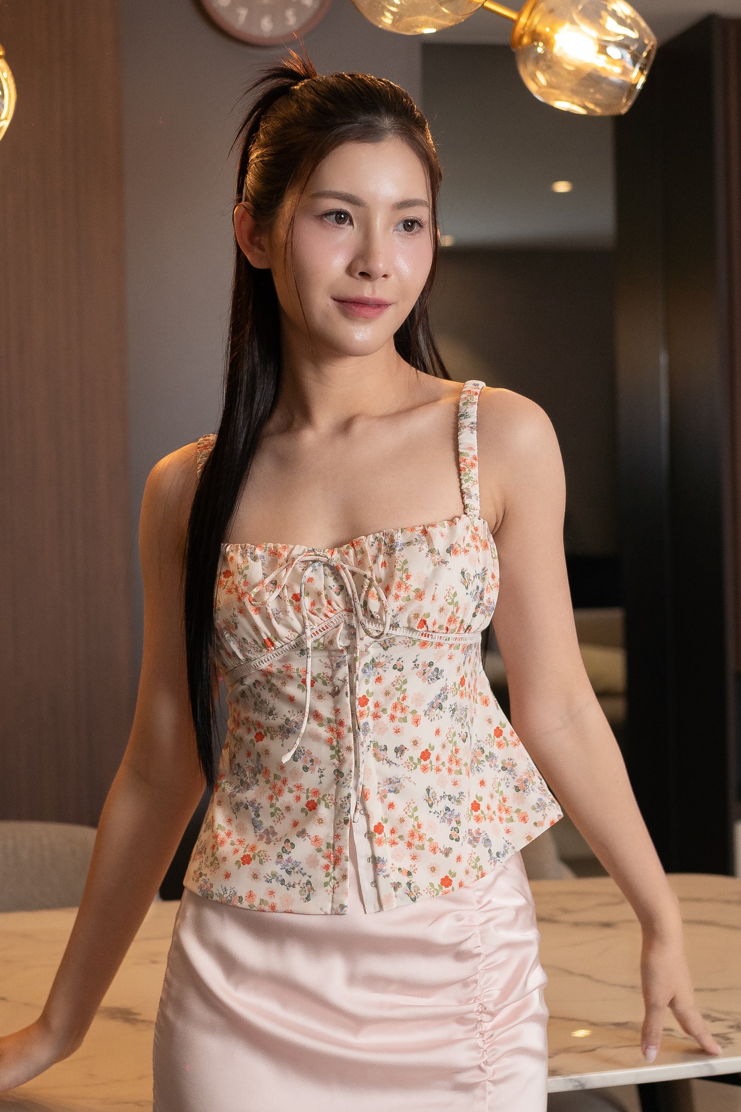 ELANAH FLORAL LACE TRIM RUCHED CORSET TOP (SAKURA)