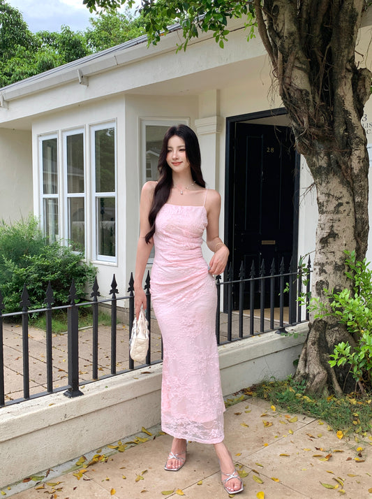 FIORELLA FLORAL RUCHED MESH DRESS (BLUSH PINK)
