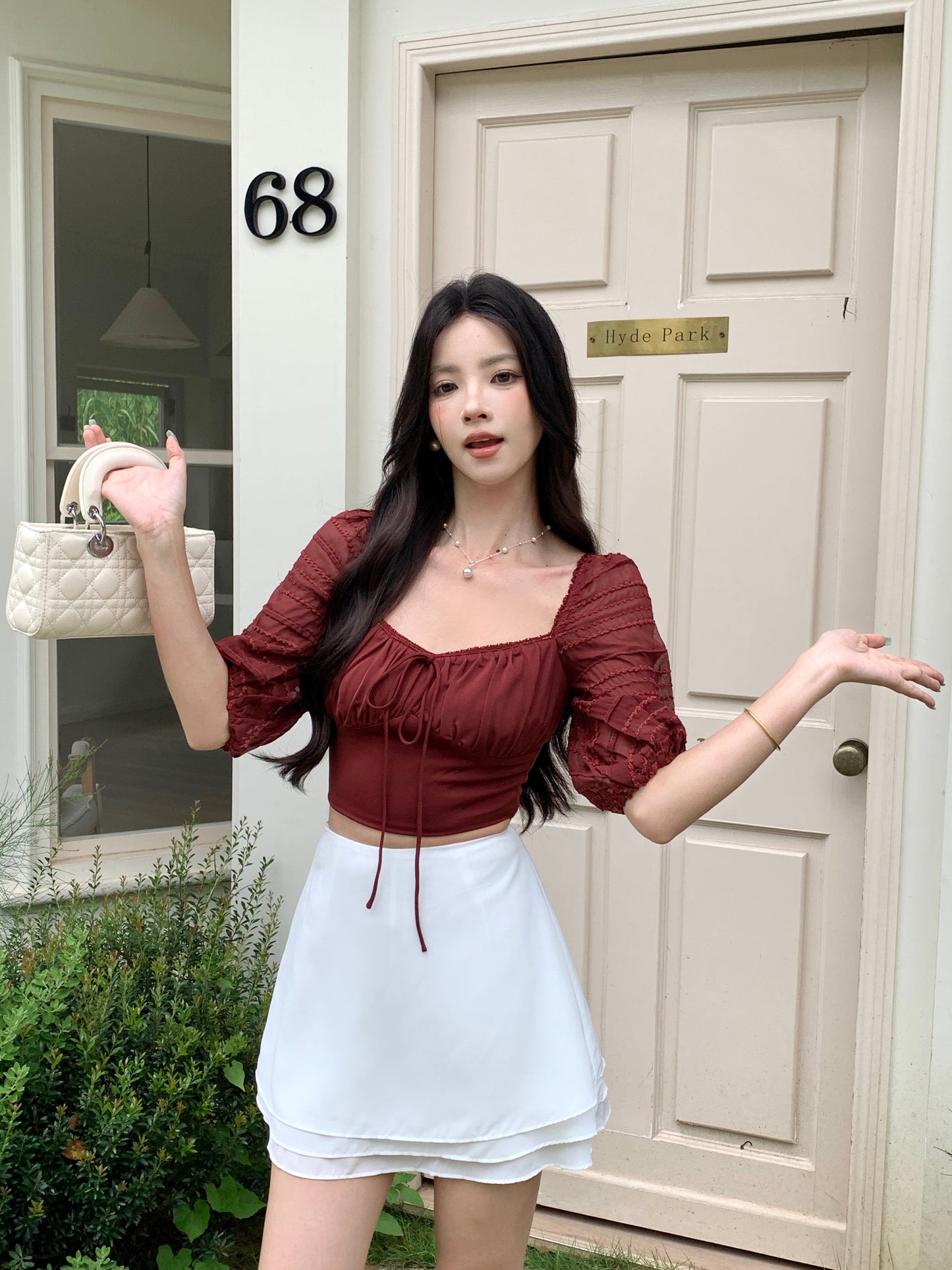 ZINNIA PUFFY SLEEVE LACE TRIM TOP (MAHOGANY RED)
