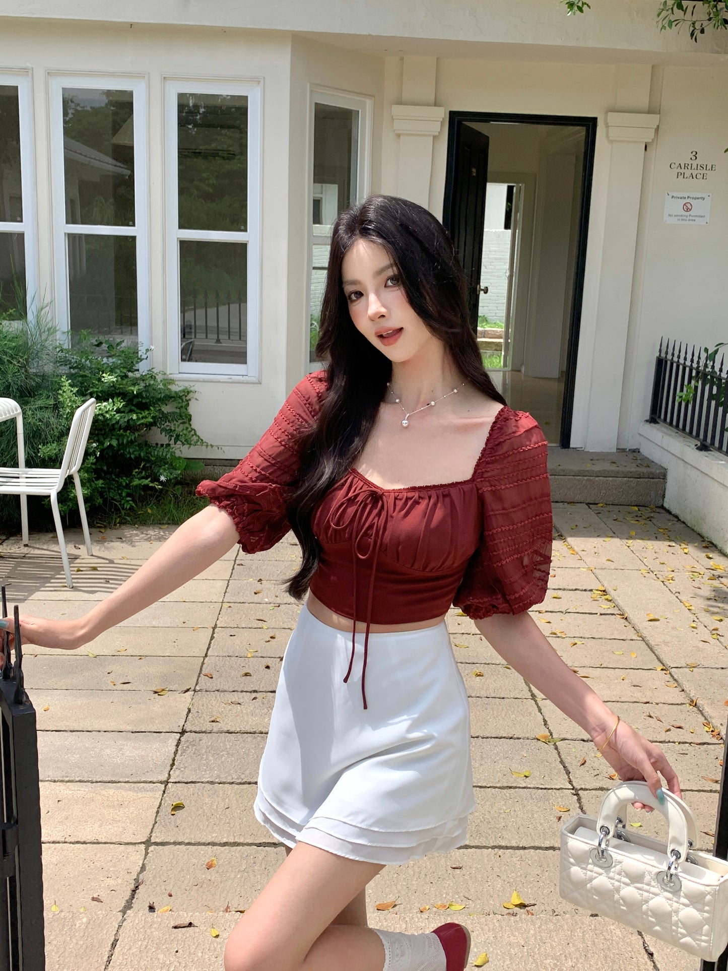 ZINNIA PUFFY SLEEVE LACE TRIM TOP (MAHOGANY RED)