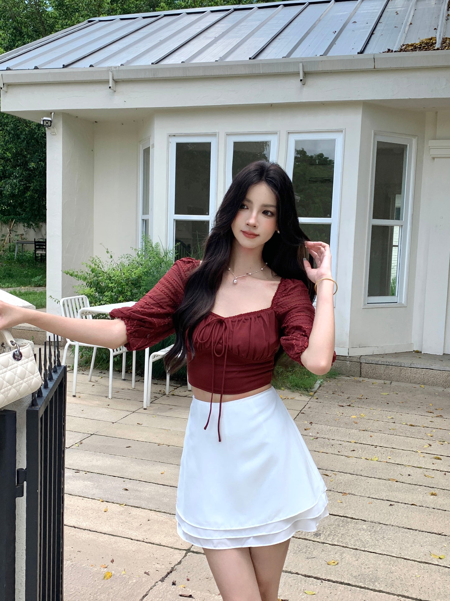 ZINNIA PUFFY SLEEVE LACE TRIM TOP (MAHOGANY RED)