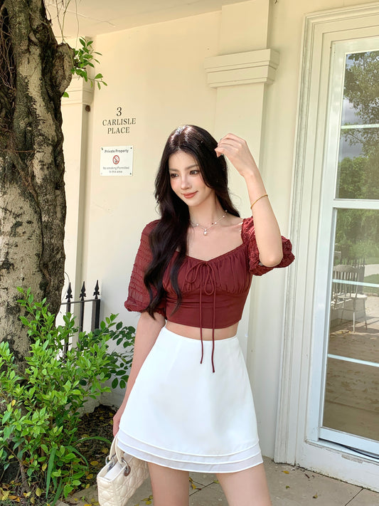 ZINNIA PUFFY SLEEVE LACE TRIM TOP (MAHOGANY RED)