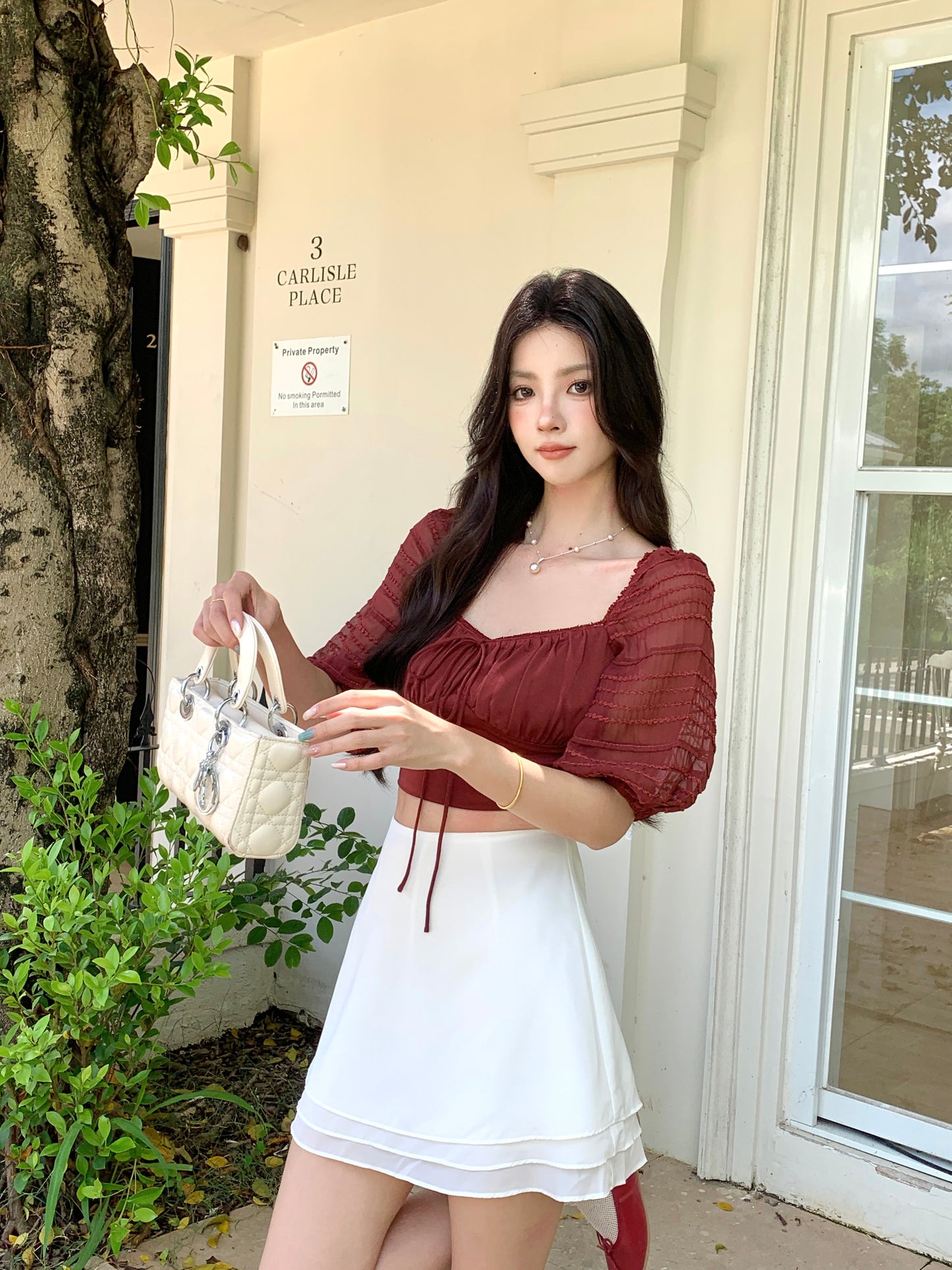 ZINNIA PUFFY SLEEVE LACE TRIM TOP (MAHOGANY RED)