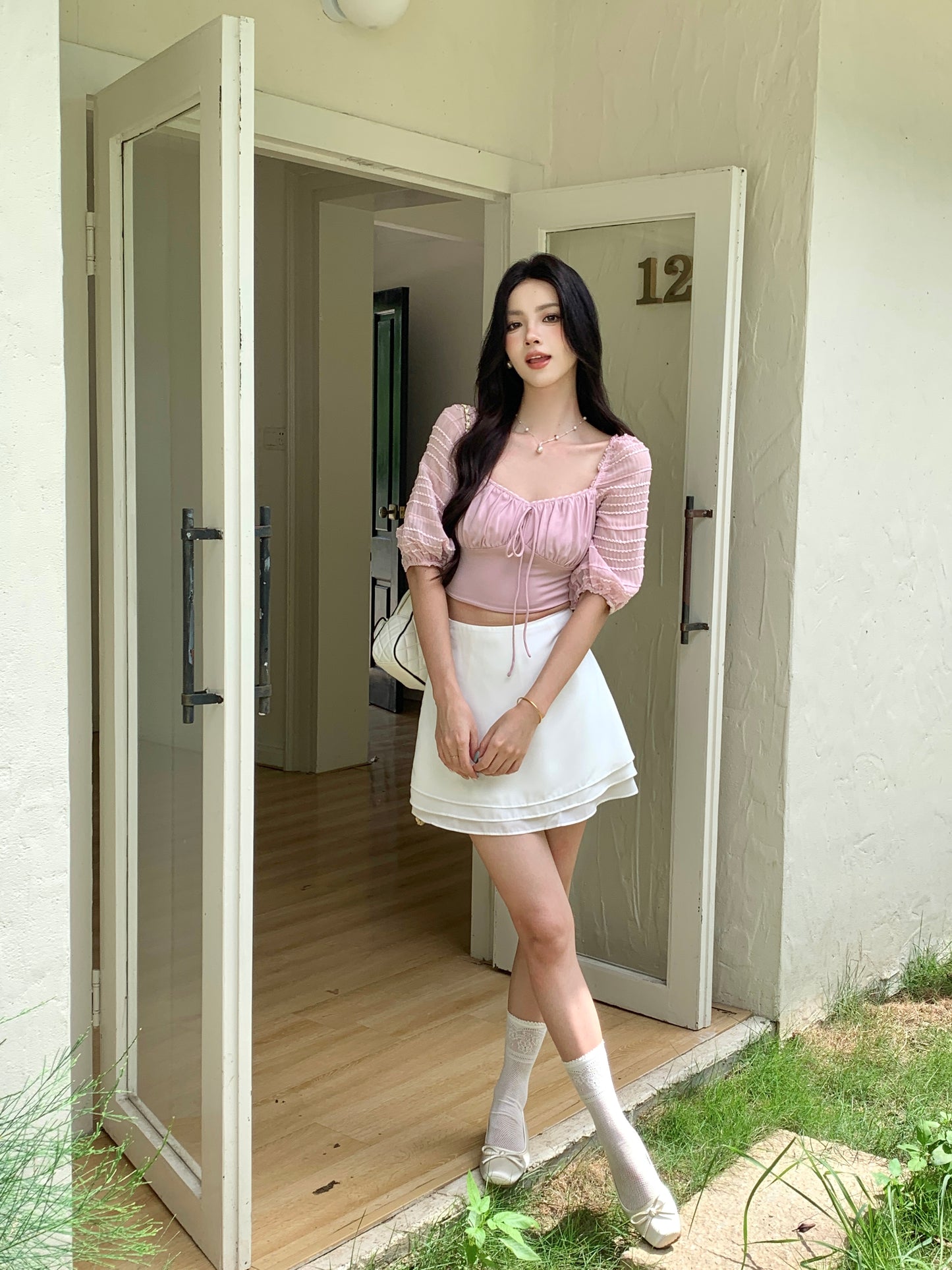 ZINNIA PUFFY SLEEVE LACE TRIM TOP (LIGHT PINK)