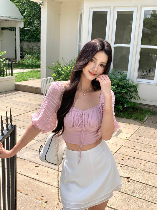 ZINNIA PUFFY SLEEVE LACE TRIM TOP (LIGHT PINK)