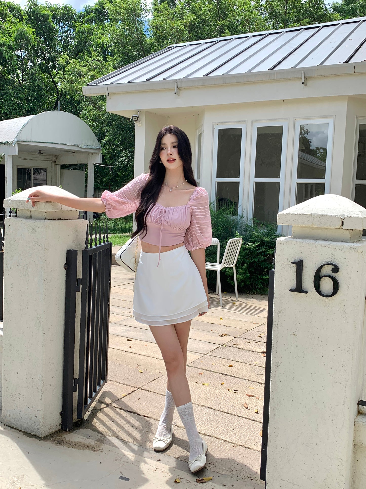 ZINNIA PUFFY SLEEVE LACE TRIM TOP (LIGHT PINK)