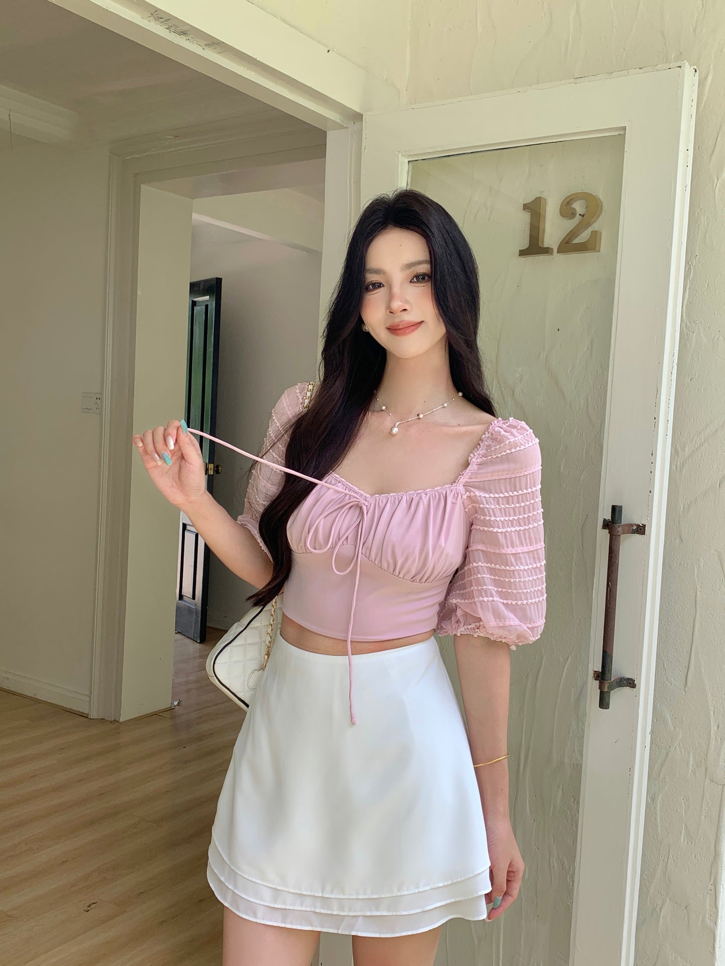 ZINNIA PUFFY SLEEVE LACE TRIM TOP (LIGHT PINK)