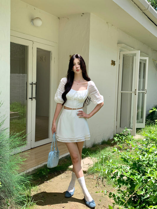 ZINNIA PUFFY SLEEVE LACE TRIM TOP (WHITE)