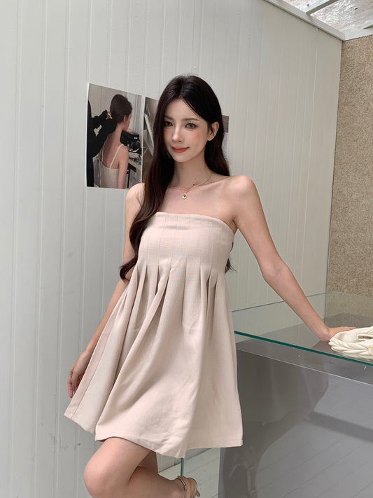 OPHELIA PADDED PLEATED TWEED DRESS (LIGHT OAT)