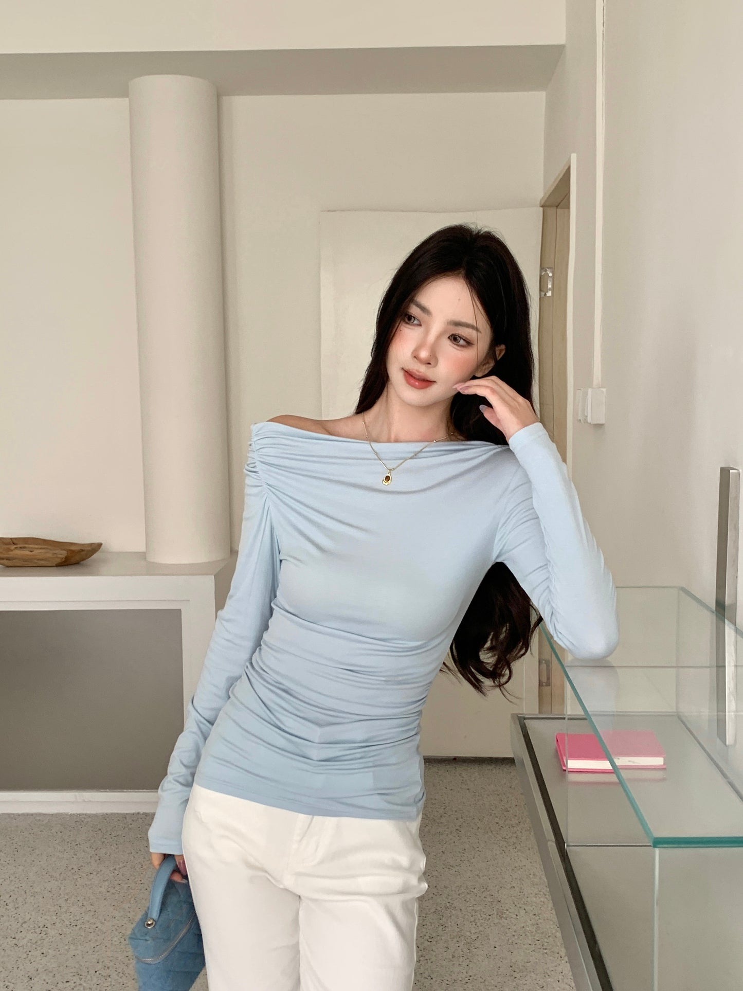 TIERNA OFF-SHOULDER RUCHED LONG SLEEVE TOP (BLUE)