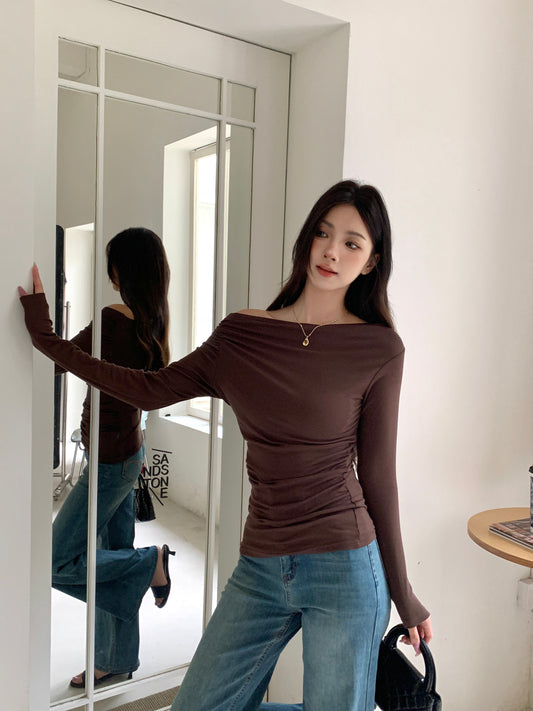TIERNA OFF-SHOULDER RUCHED LONG SLEEVE TOP (BROWN)