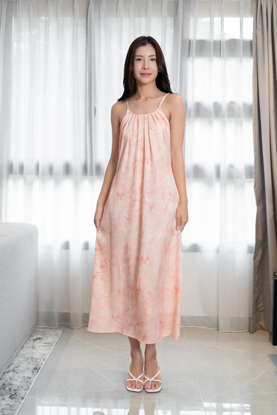 VALERIA TEXTURED SATIN TIE-DYE TRAPEZE MIDAXI DRESS(BLOSSOM PINK)