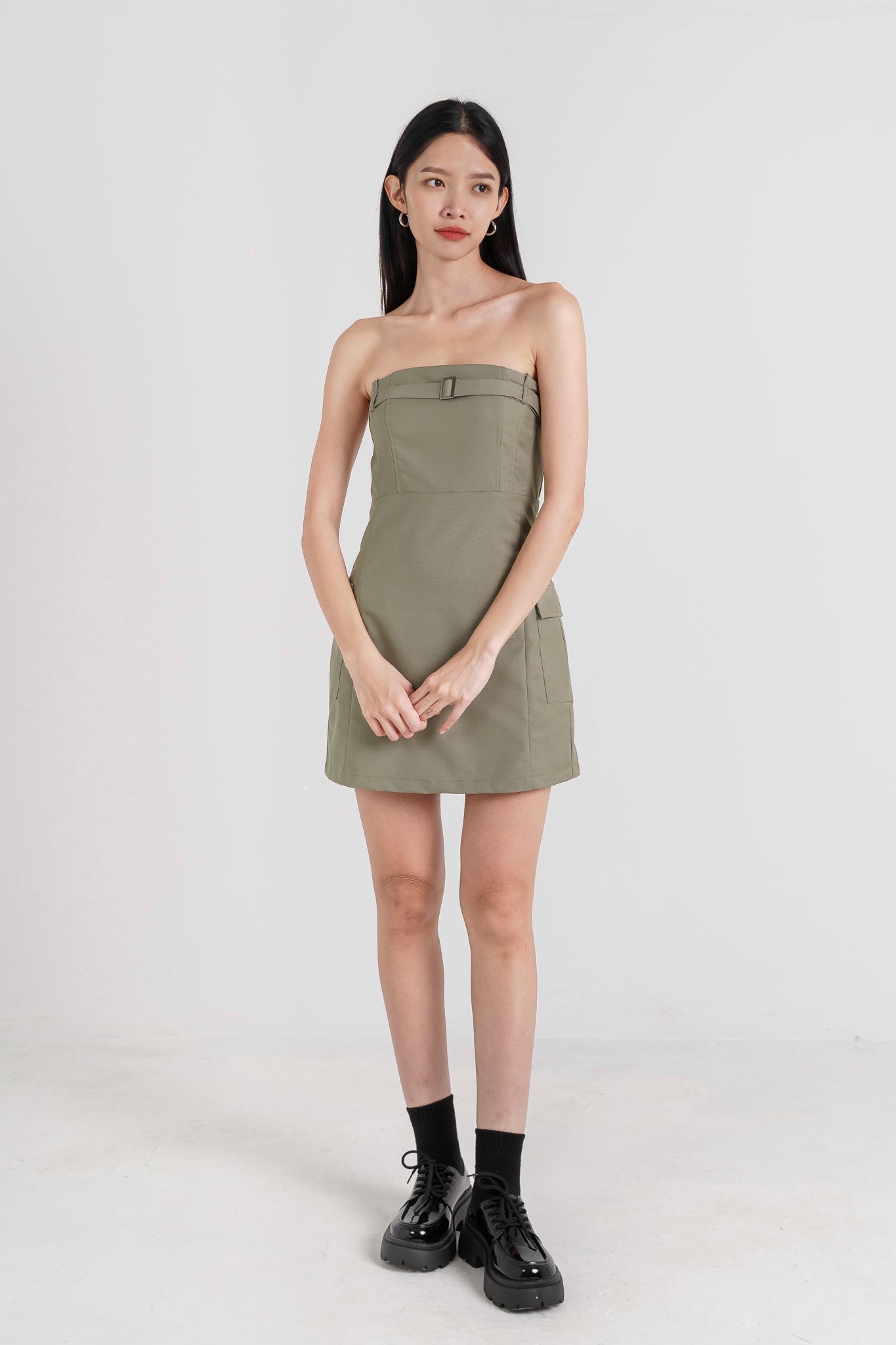 ELIO CARGO BELTED POCKET TUBE DRESS(DARK SAGE)