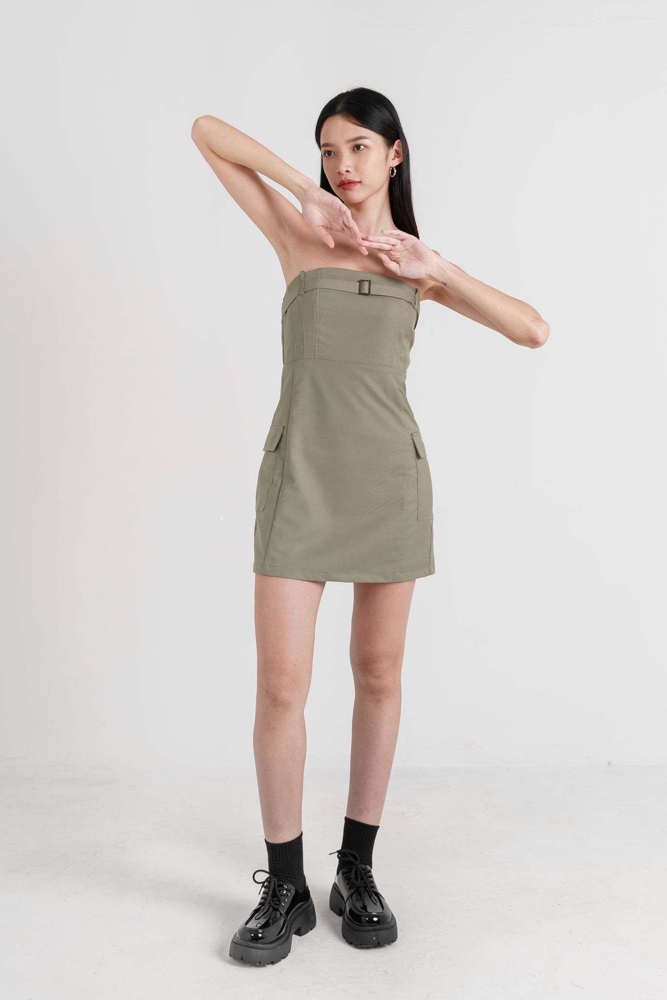 ELIO CARGO BELTED POCKET TUBE DRESS(DARK SAGE)