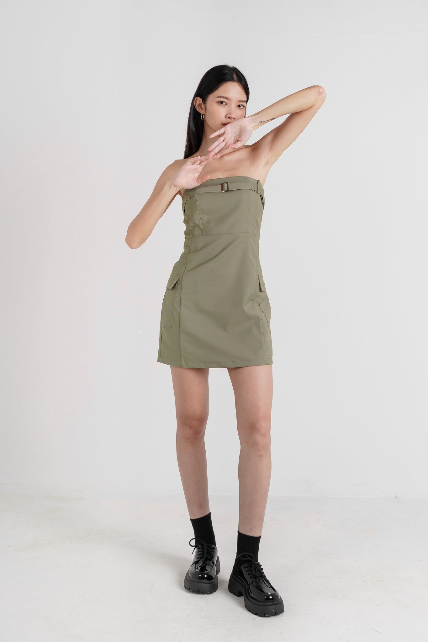 ELIO CARGO BELTED POCKET TUBE DRESS(DARK SAGE)