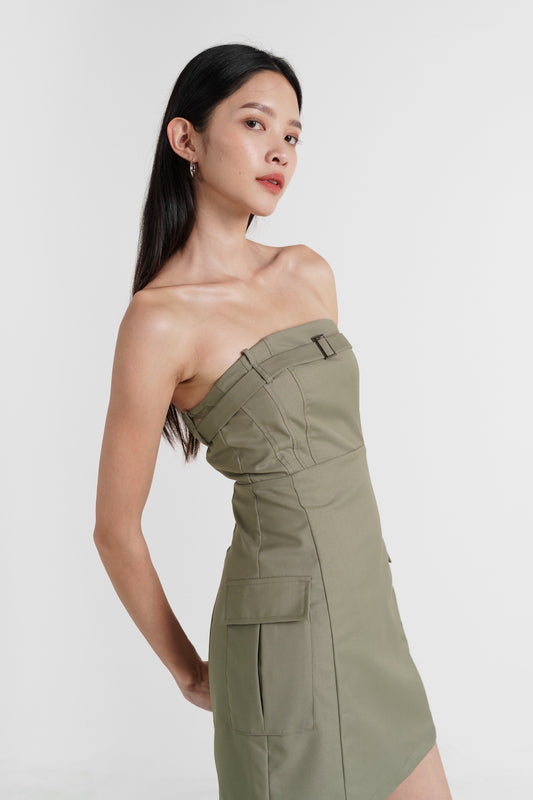 ELIO CARGO BELTED POCKET TUBE DRESS(DARK SAGE)