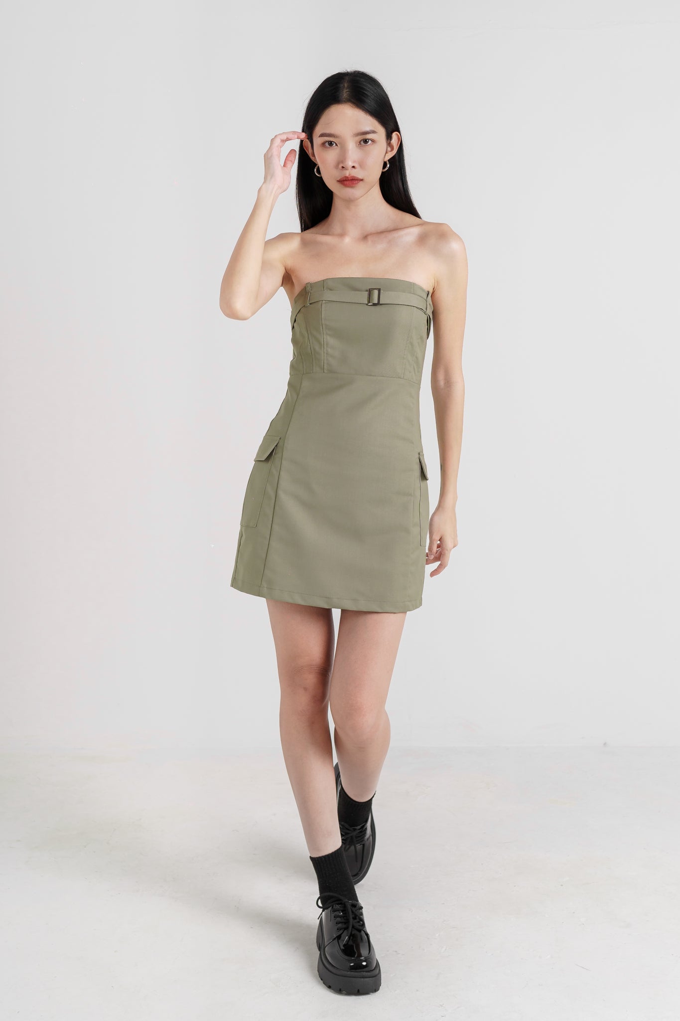 ELIO CARGO BELTED POCKET TUBE DRESS(DARK SAGE)