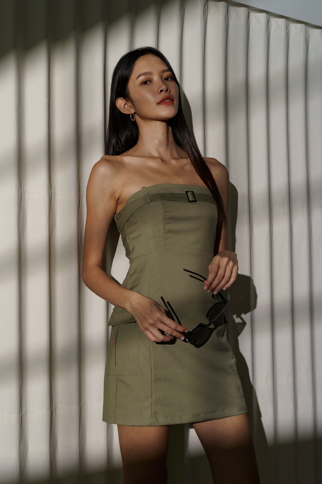 ELIO CARGO BELTED POCKET TUBE DRESS(DARK SAGE)