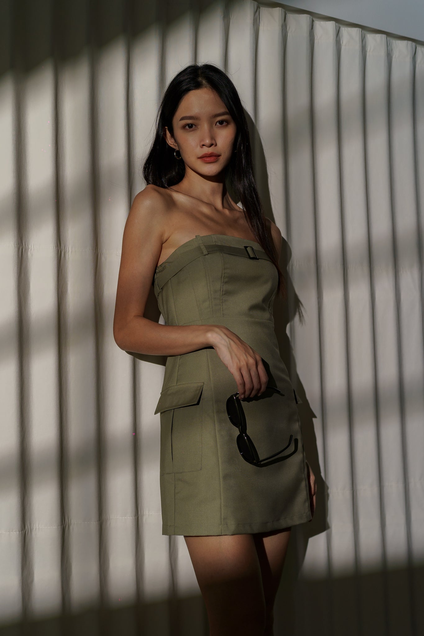 ELIO CARGO BELTED POCKET TUBE DRESS(DARK SAGE)