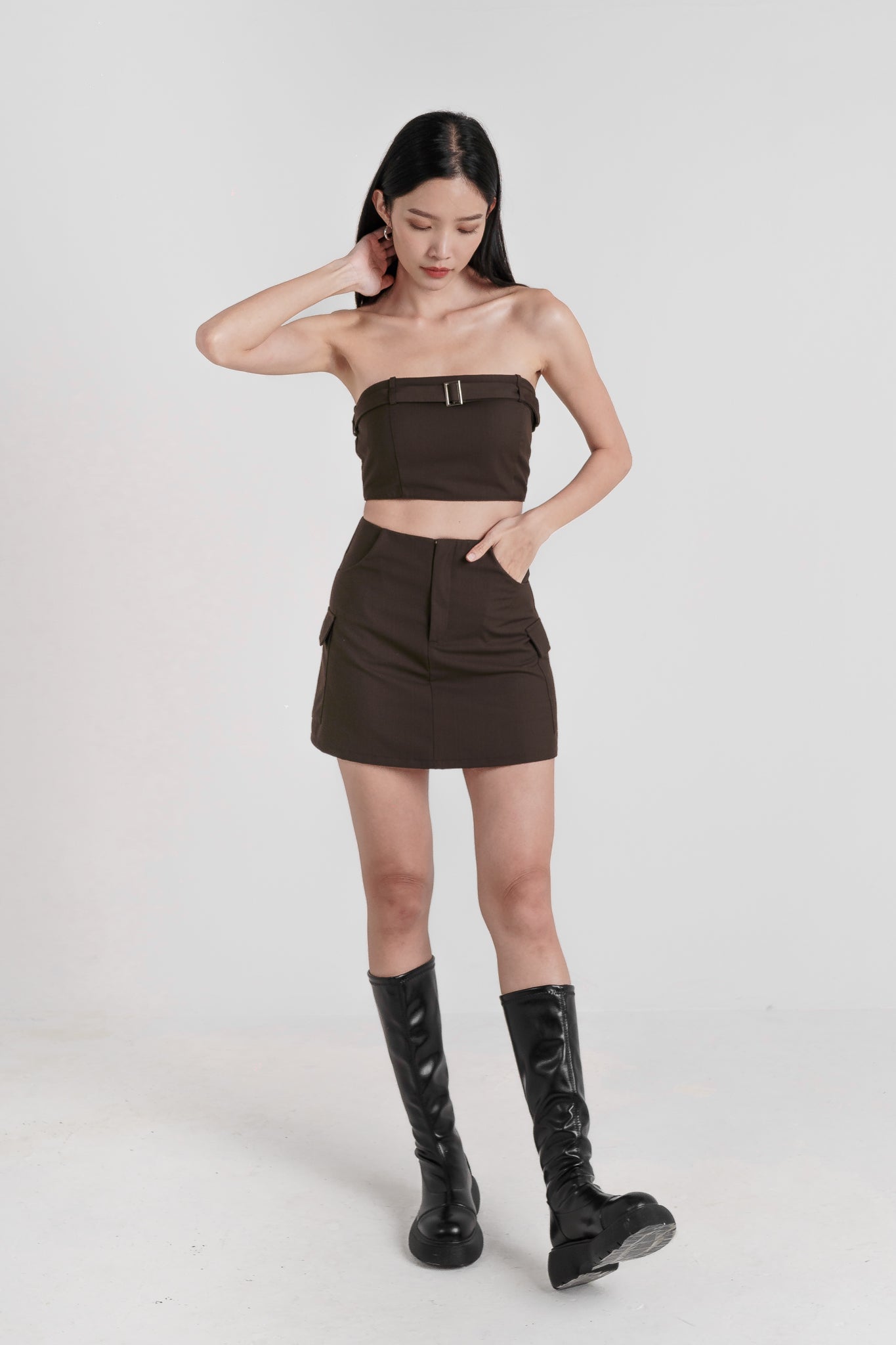 RAYNA CARGO PADDED TUBE TOP WITH BELT(UMBER BROWN)