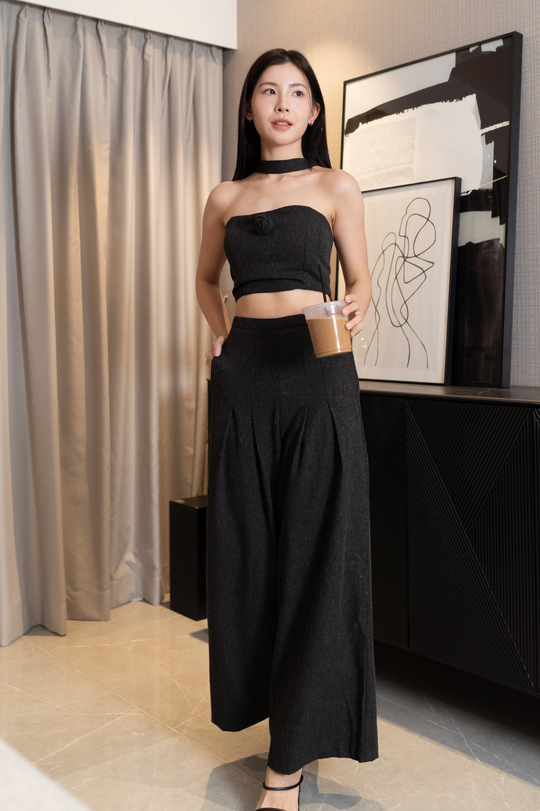 ROSA PLEATED WIDE LEG PANTS (BLACK)