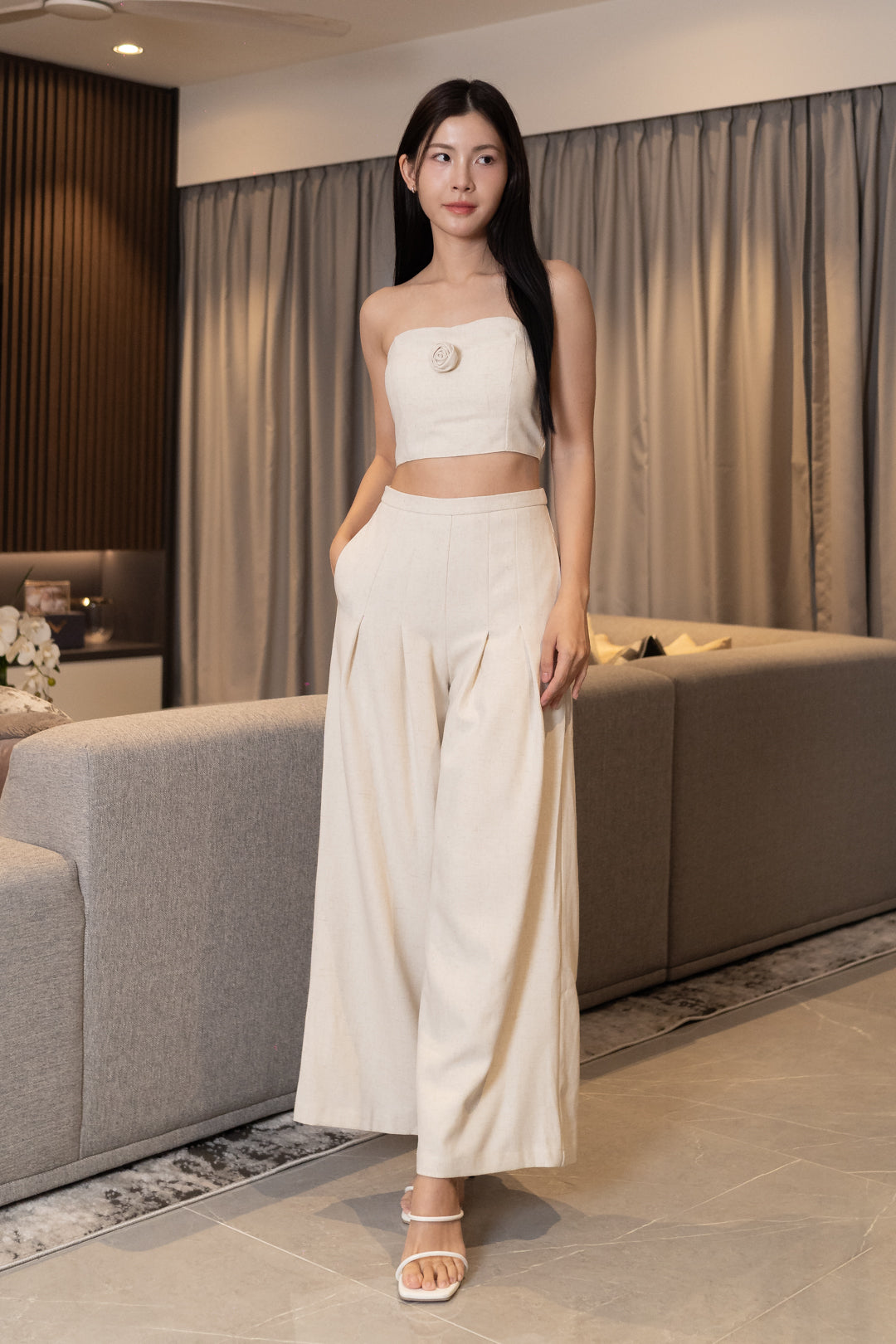 ROSA PLEATED WIDE LEG PANTS (CREAM)