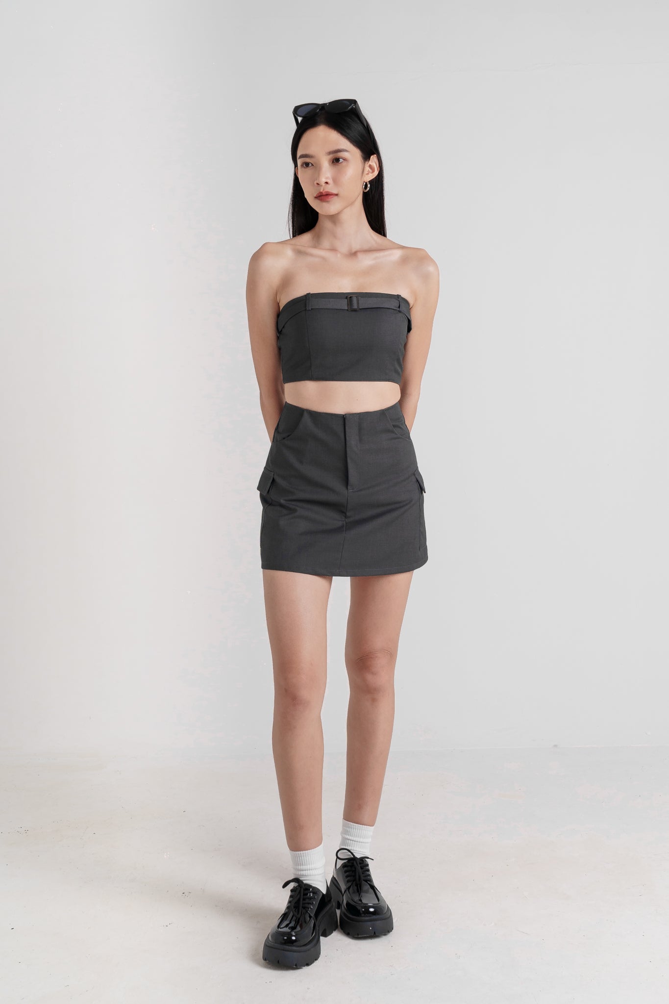 RAYNA CARGO PADDED TUBE TOP WITH BELT( CHARCOAL GREY)