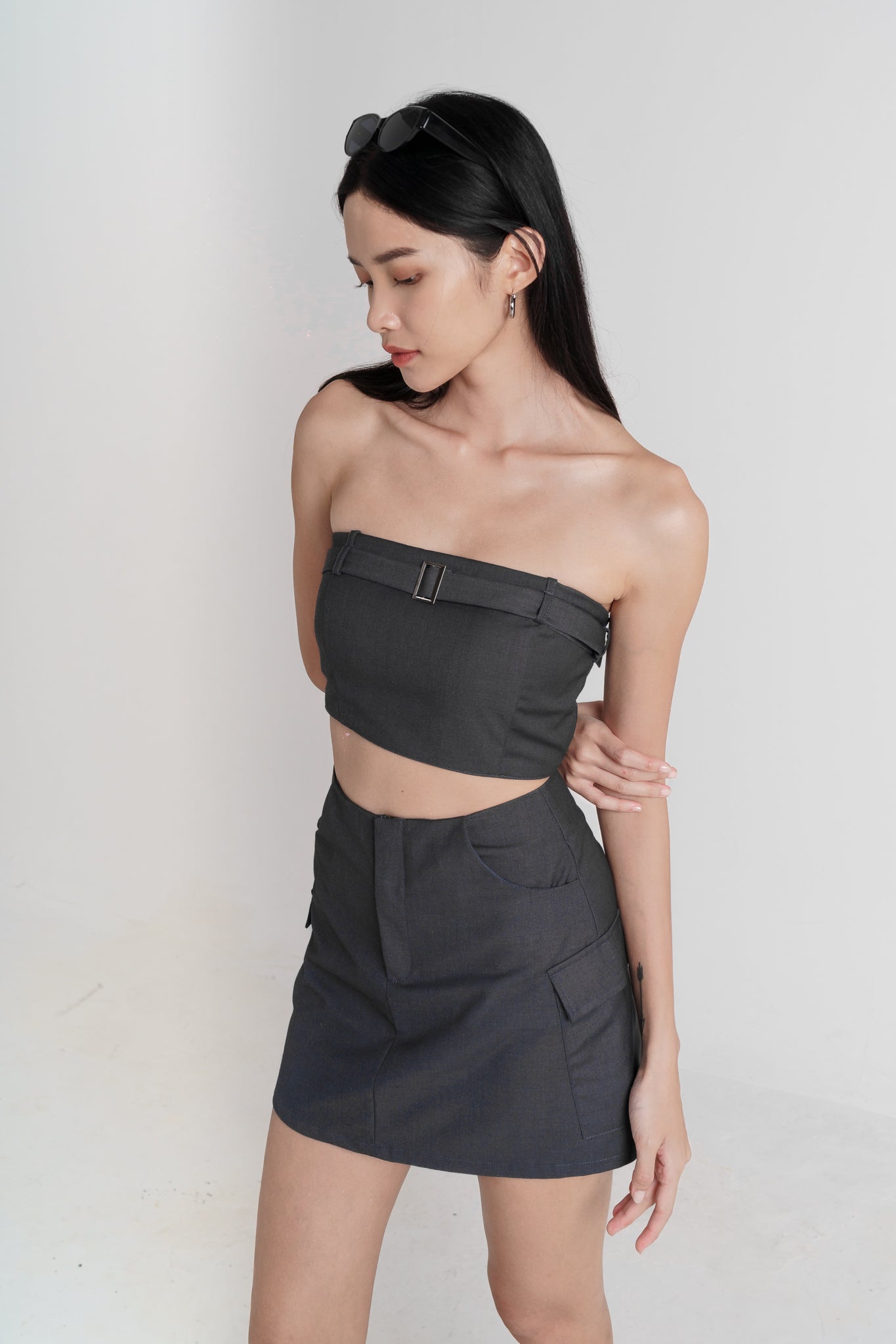 RAYNA CARGO PADDED TUBE TOP WITH BELT( CHARCOAL GREY)