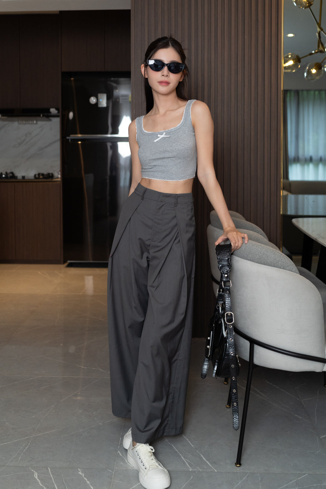 HAYDEN FRONT SLIT HIGH WAIST WIDE LEG PANTS (CHARCOAL GREY)