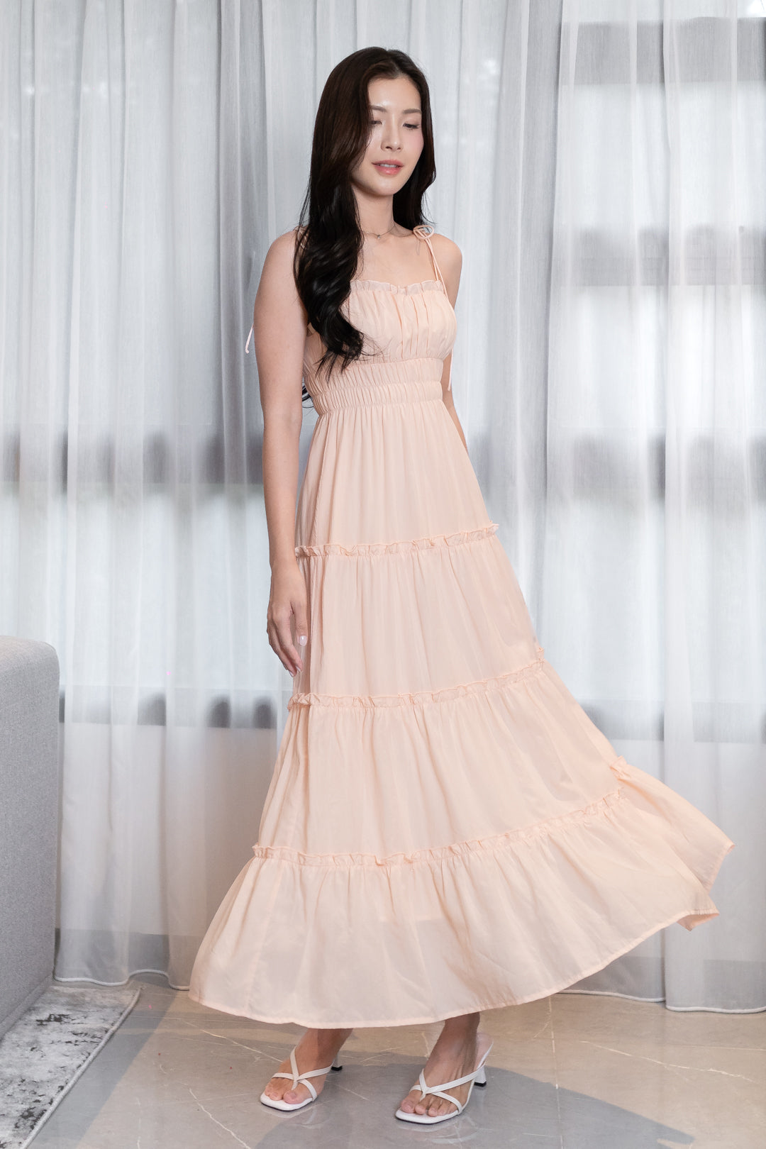 LORETTA TENCEL RUFFLES TIE-STRING RUCHED TIERED MAXI DRESS (PALE PEACH)