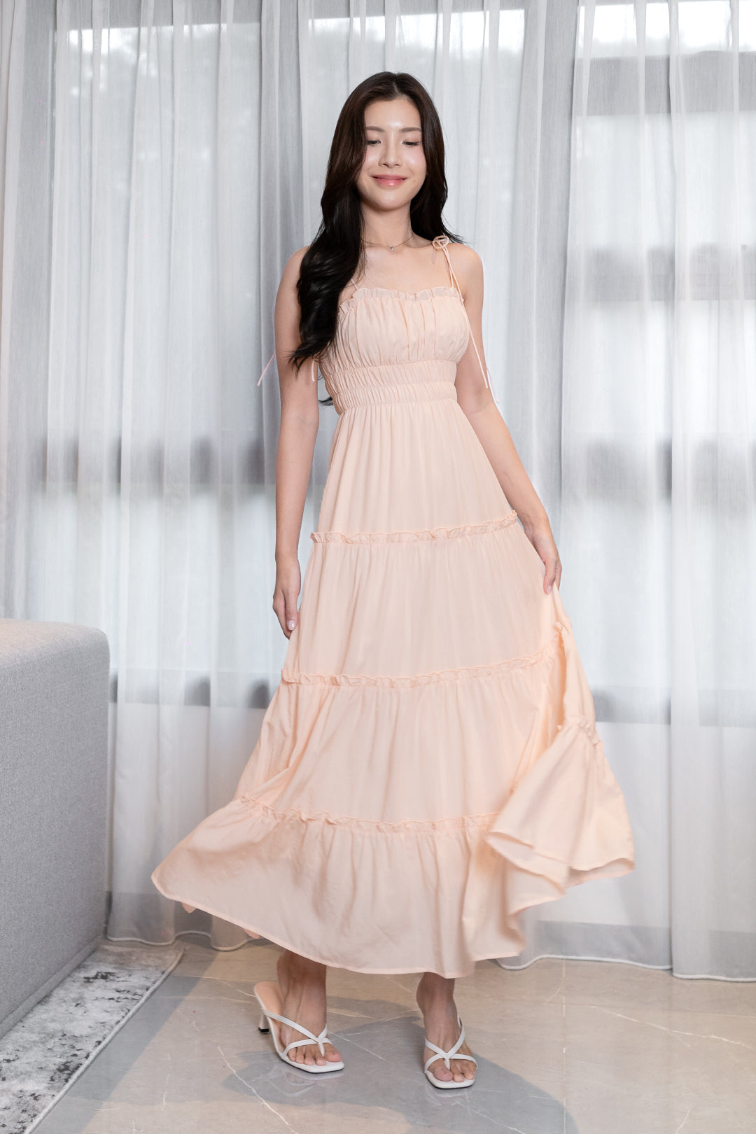 LORETTA TENCEL RUFFLES TIE-STRING RUCHED TIERED MAXI DRESS (PALE PEACH)