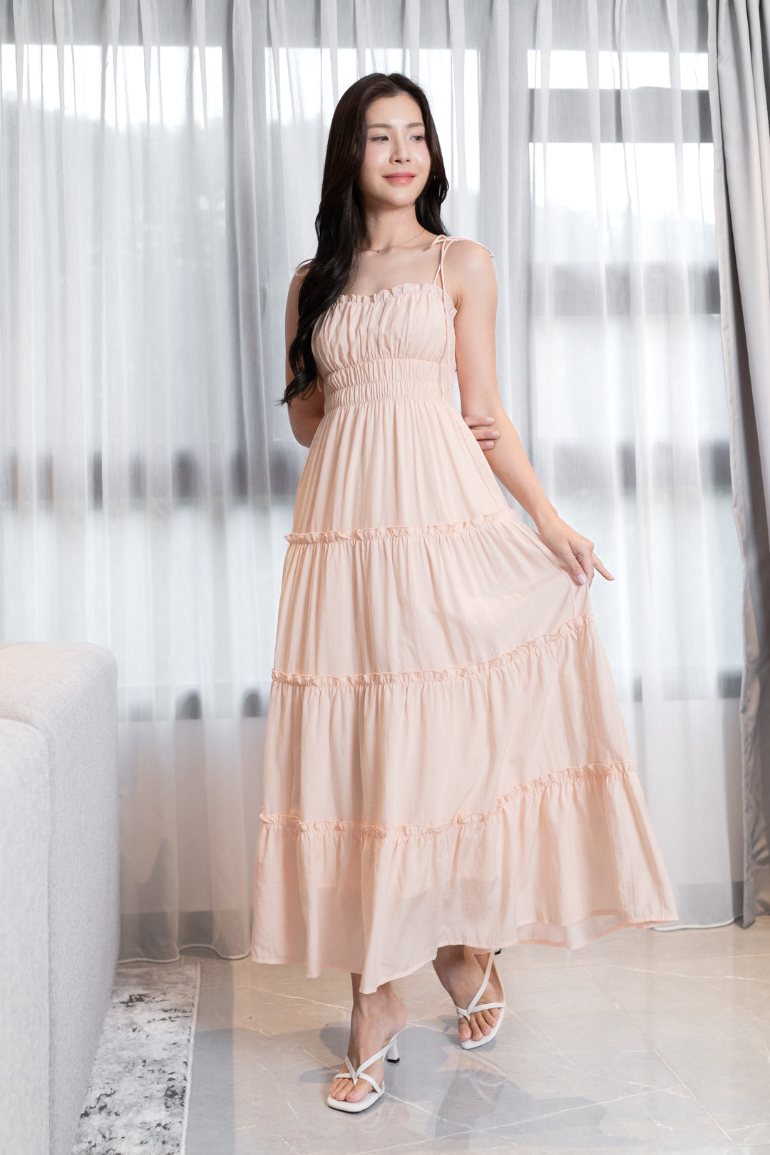 LORETTA TENCEL RUFFLES TIE-STRING RUCHED TIERED MAXI DRESS (PALE PEACH)