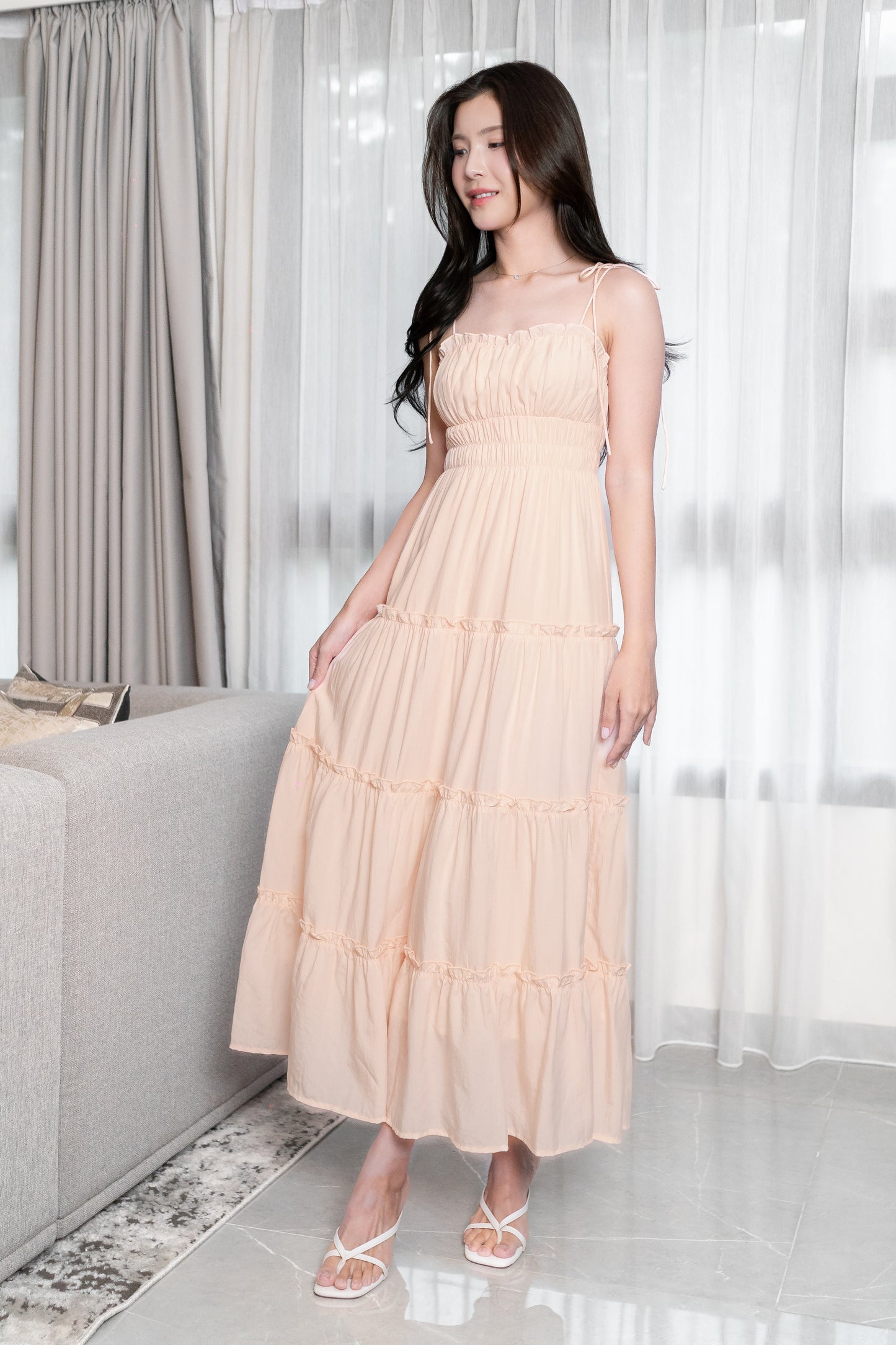 LORETTA TENCEL RUFFLES TIE-STRING RUCHED TIERED MAXI DRESS (PALE PEACH)