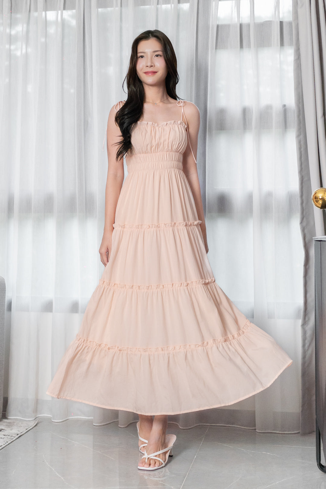 LORETTA TENCEL RUFFLES TIE-STRING RUCHED TIERED MAXI DRESS (PALE PEACH)