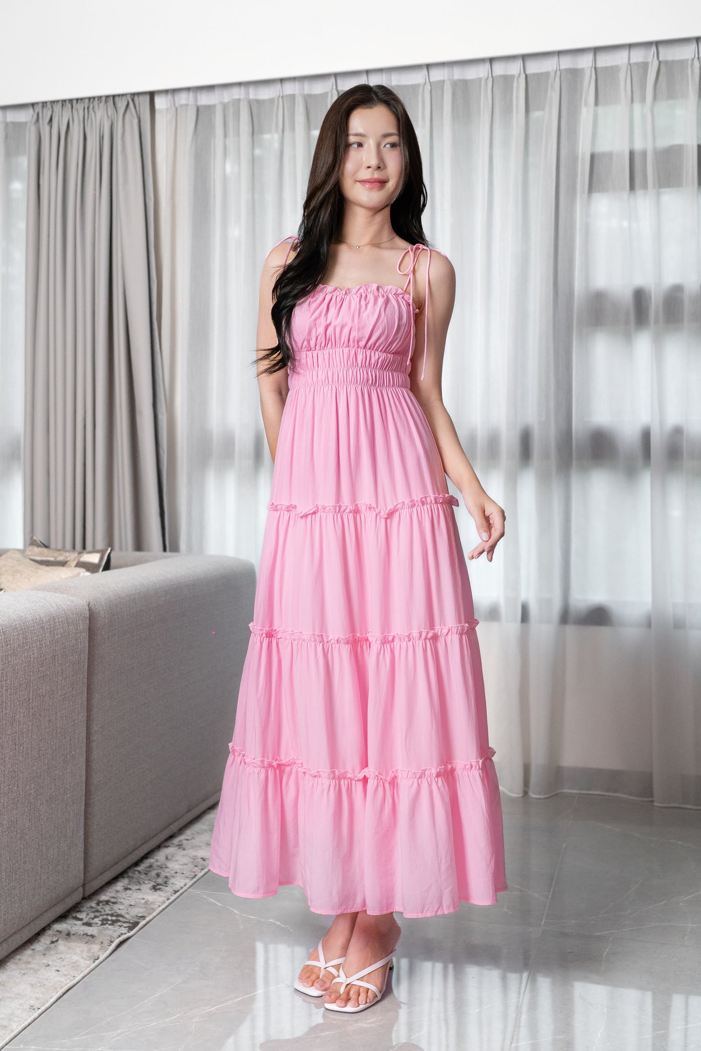 LORETTA TENCEL RUFFLES TIE-STRING RUCHED TIERED MAXI DRESS (CANDY PINK)