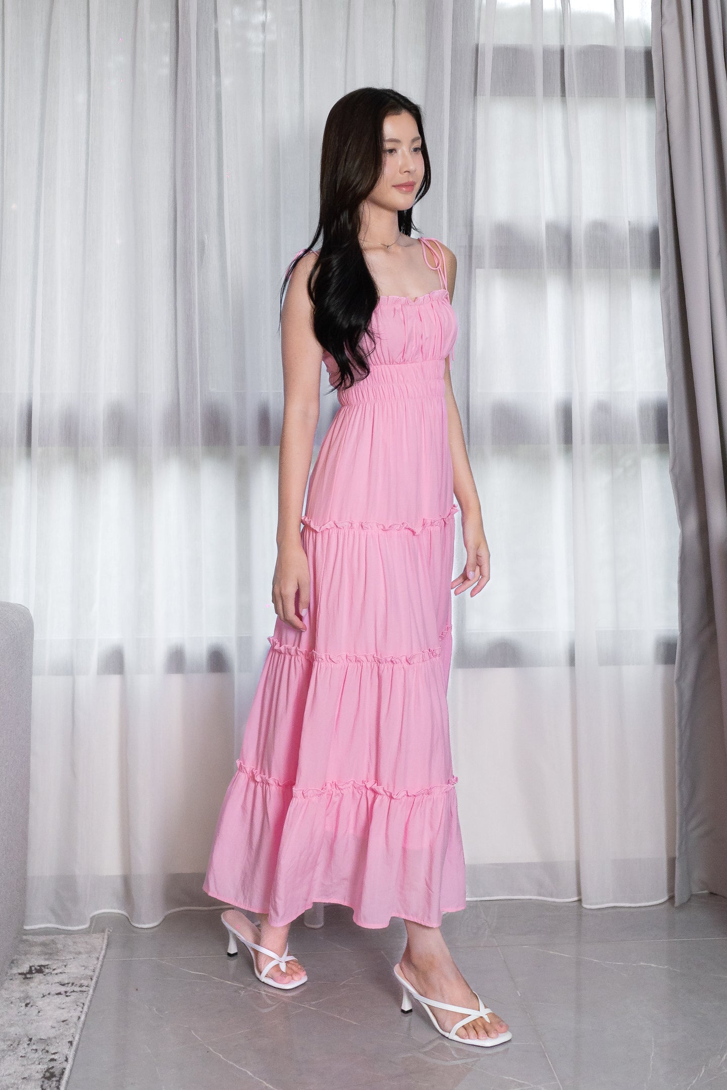 LORETTA TENCEL RUFFLES TIE-STRING RUCHED TIERED MAXI DRESS (CANDY PINK)