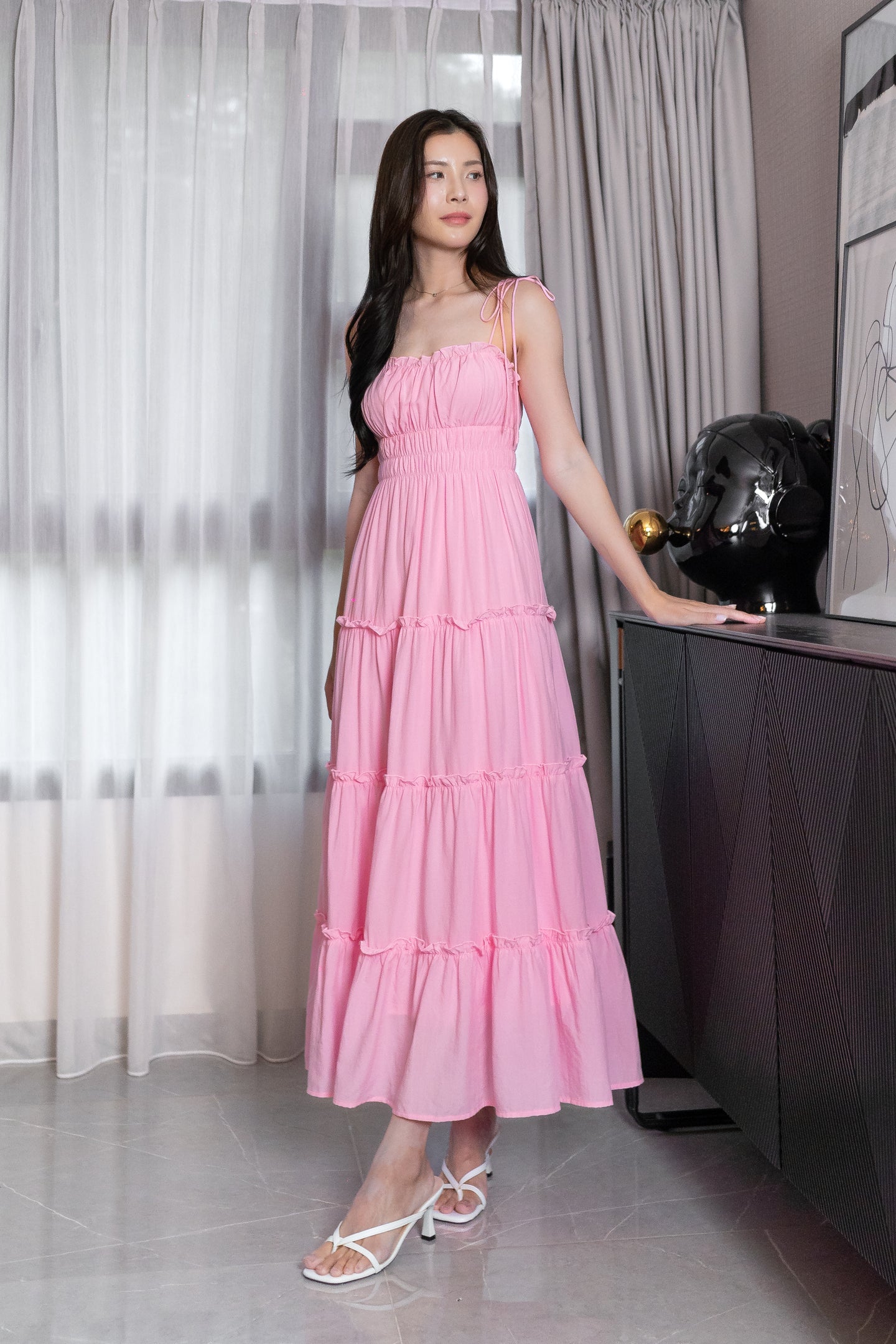 LORETTA TENCEL RUFFLES TIE-STRING RUCHED TIERED MAXI DRESS (CANDY PINK)