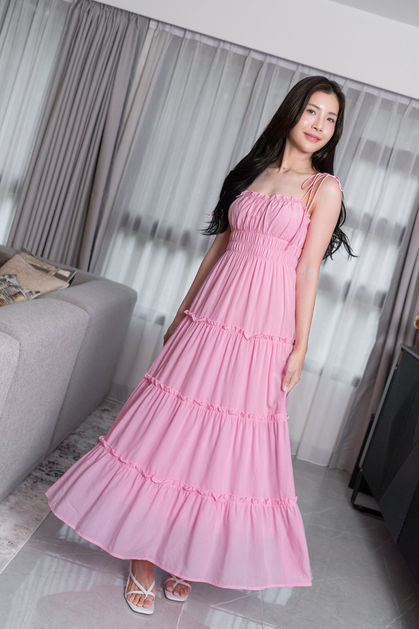 LORETTA TENCEL RUFFLES TIE-STRING RUCHED TIERED MAXI DRESS (CANDY PINK)