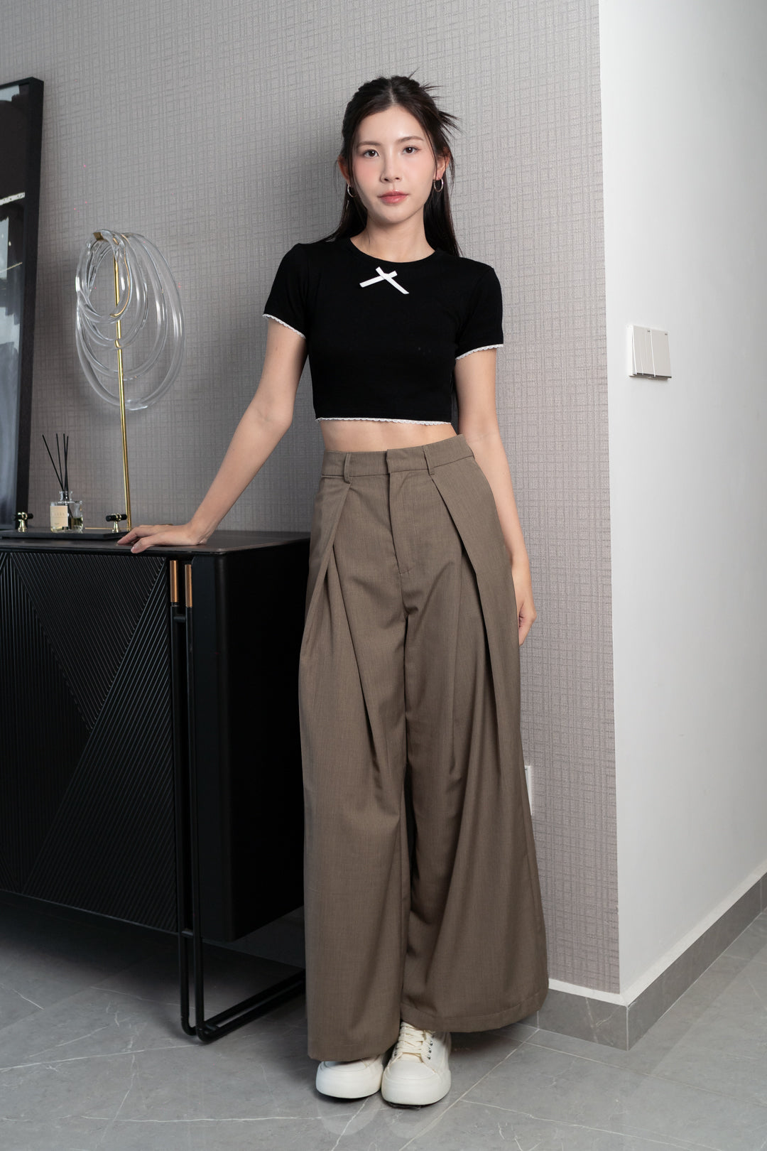 HAYDEN FRONT SLIT HIGH WAIST WIDE LEG PANTS (CLAY)