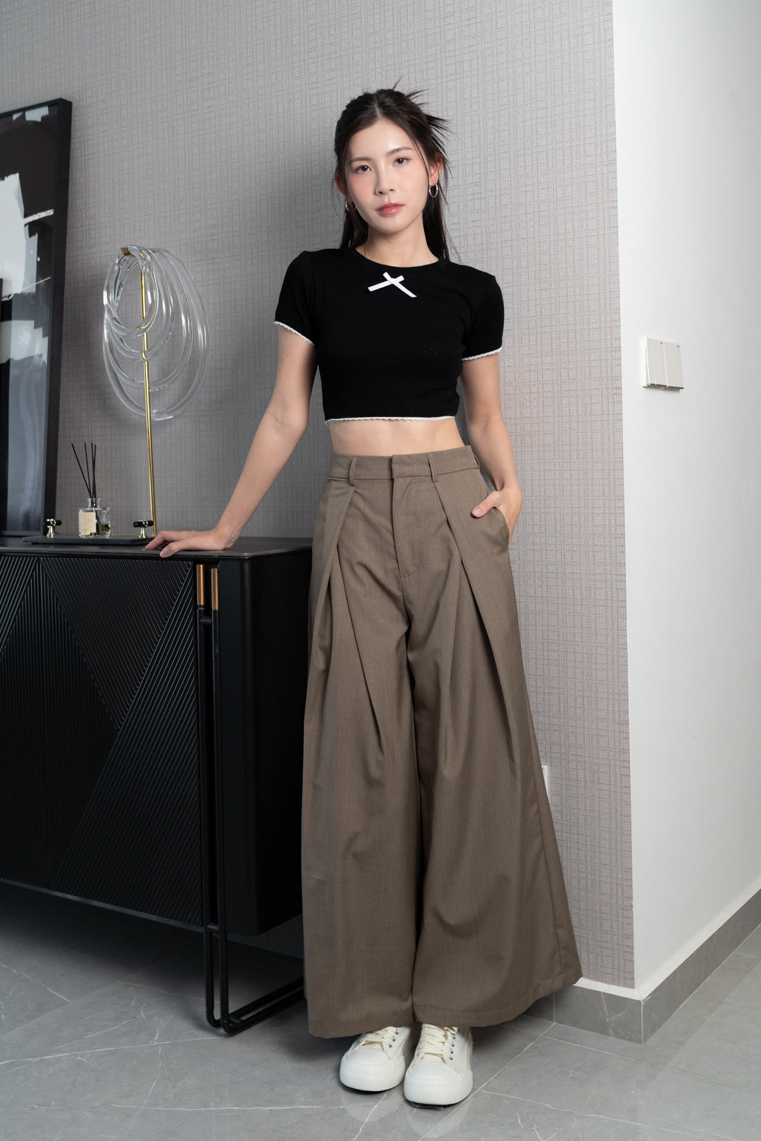 HAYDEN FRONT SLIT HIGH WAIST WIDE LEG PANTS (CLAY)