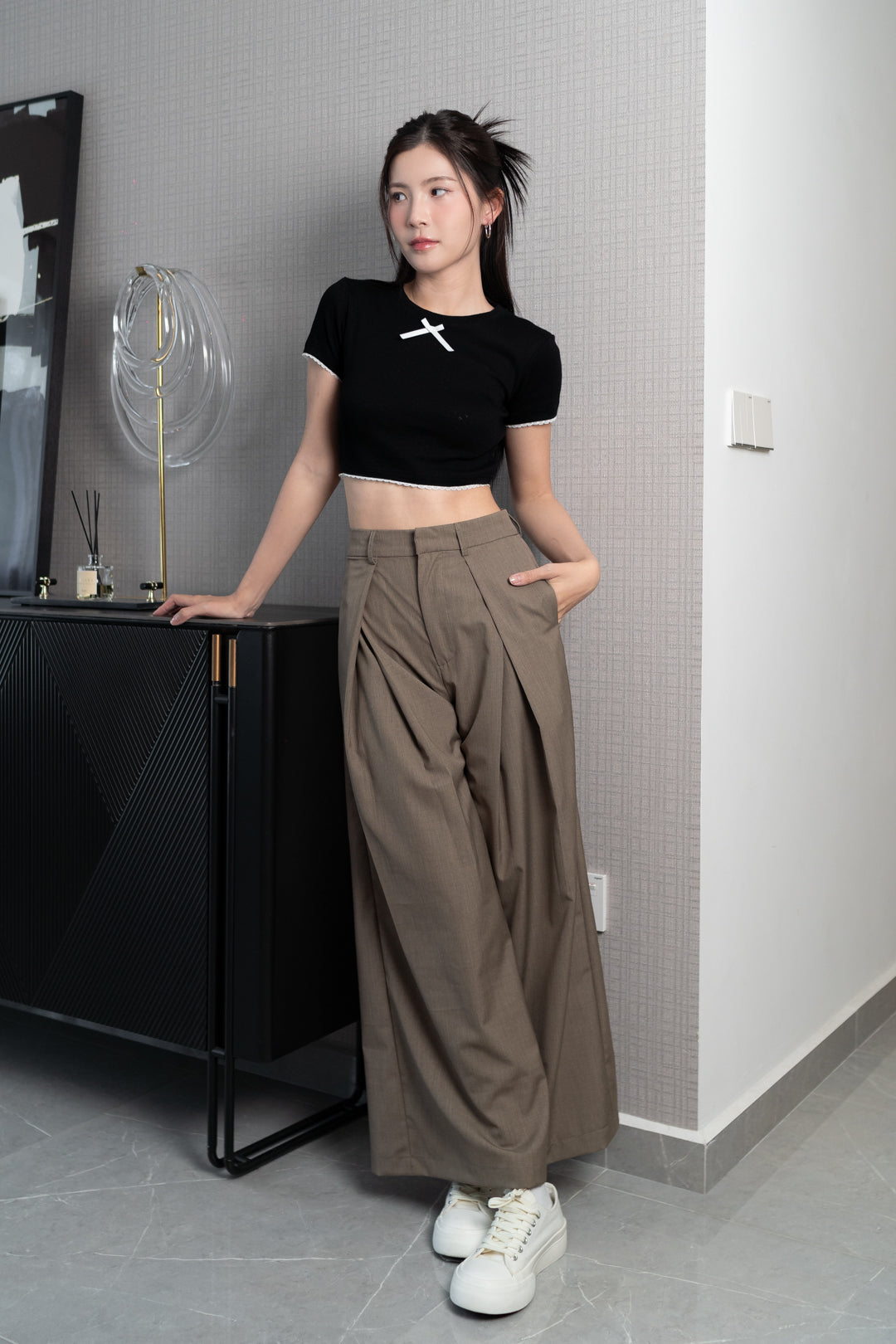 HAYDEN FRONT SLIT HIGH WAIST WIDE LEG PANTS (CLAY)