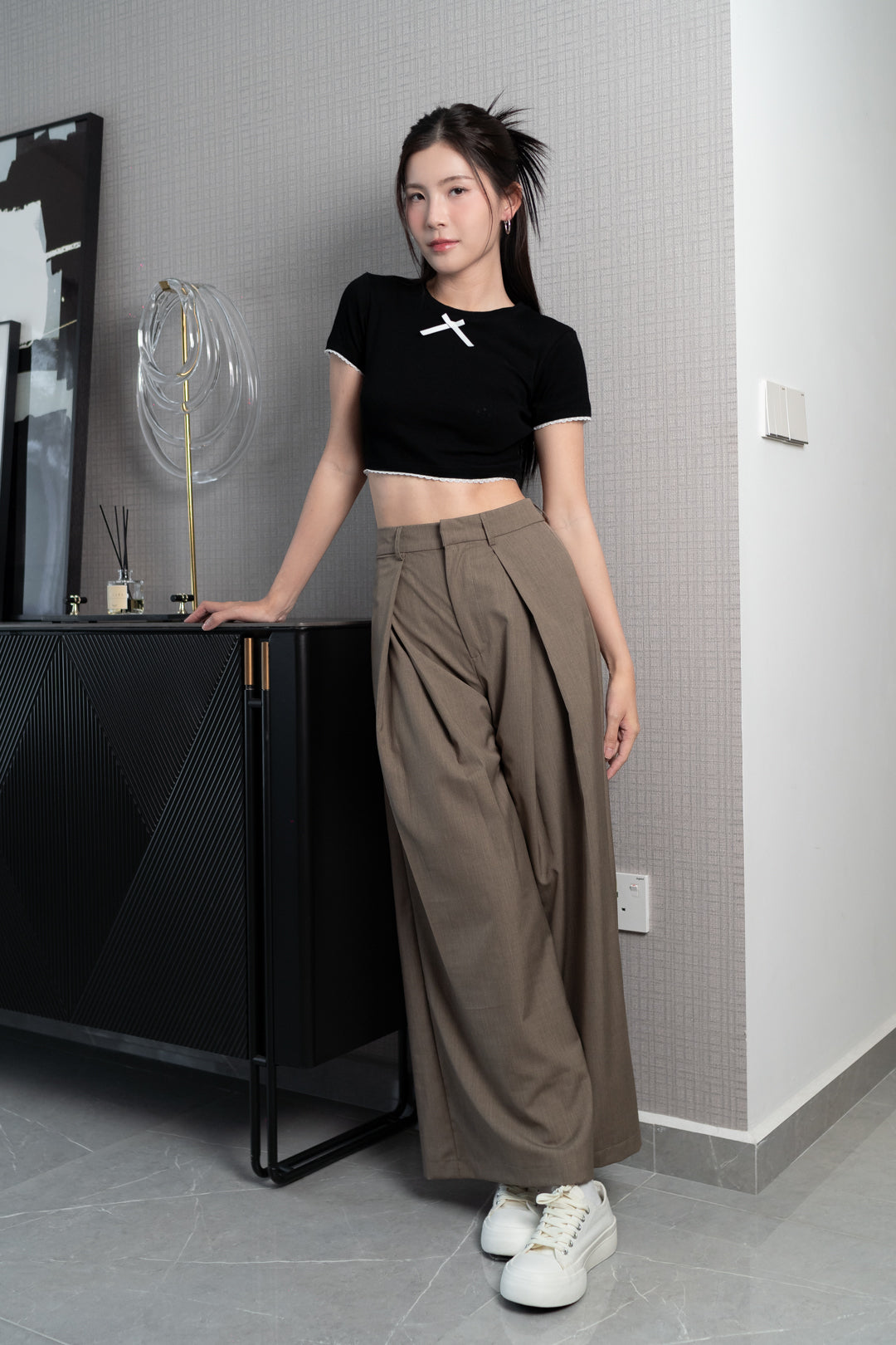 HAYDEN FRONT SLIT HIGH WAIST WIDE LEG PANTS (CLAY)