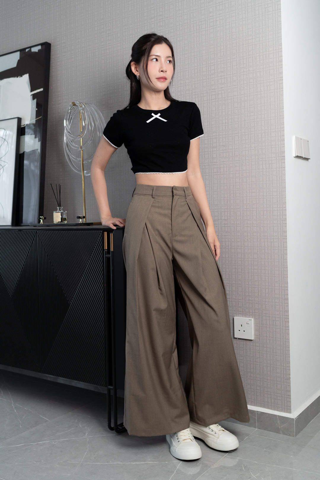 HAYDEN FRONT SLIT HIGH WAIST WIDE LEG PANTS (CLAY)