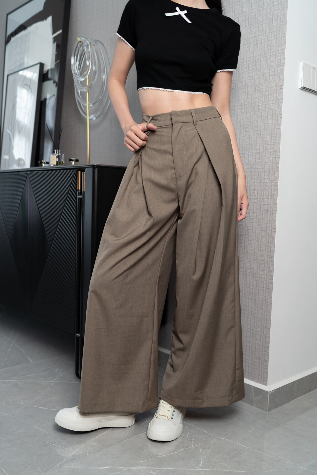 HAYDEN FRONT SLIT HIGH WAIST WIDE LEG PANTS (CLAY)